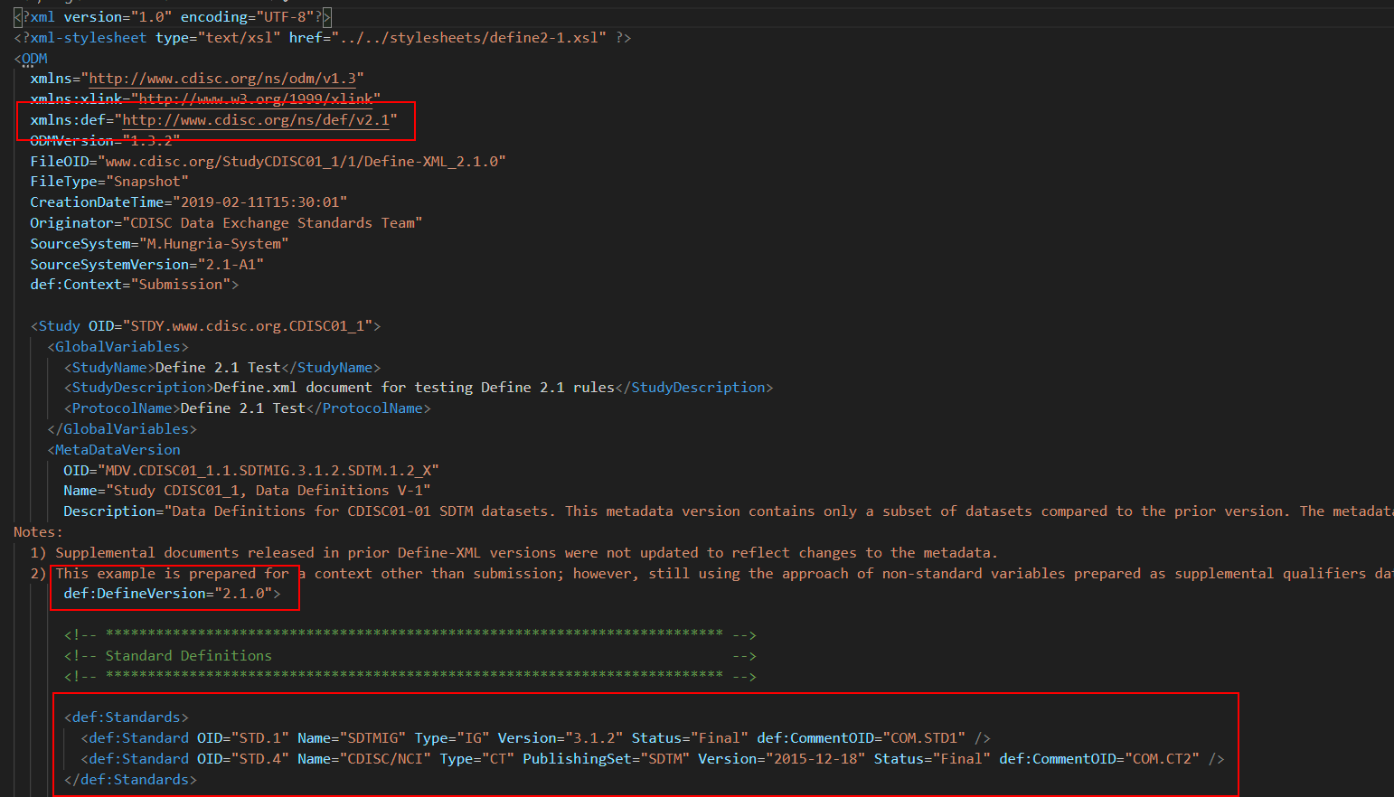 A picture of the version-identifying information in define.xml.