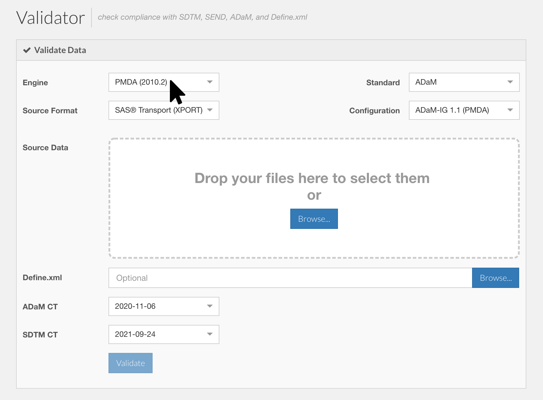 P21 Community, then Validator, then Engine, then select new PMDA Engine