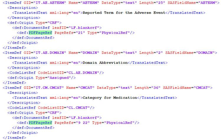 Example define.xml snippet